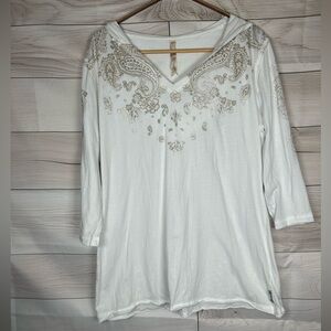 7 For All Mankind White Tunic with Embellished Neckline and 3/4 Sleeves. Size XL